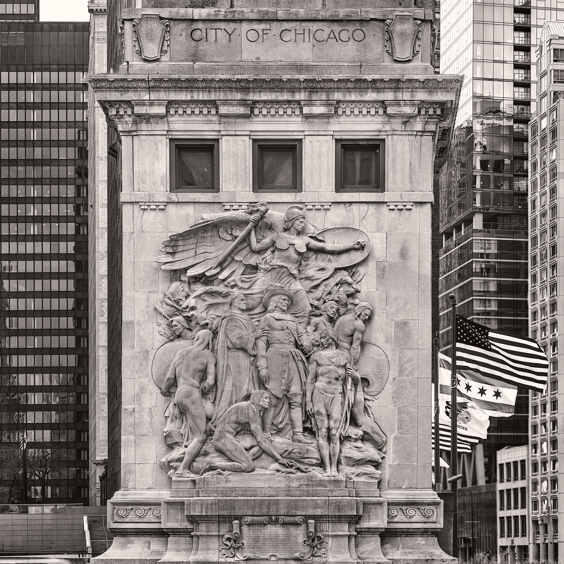 The Discoverers Relief Sculpture on DuSable Bridge